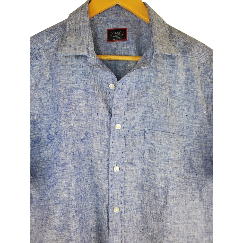 UNTUCKit Men's Large 100% Linen Blue Short Sleeve Button Up Shirt WR
